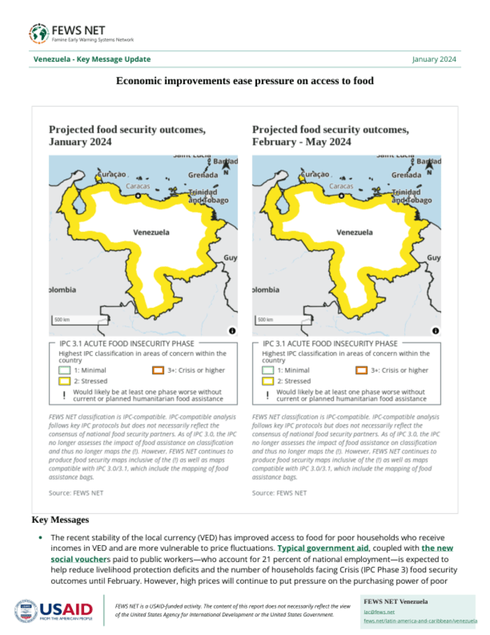 వెనిజులా కీలక సందేశం అప్డేట్: ఆర్థిక మెరుగుదల ఆహార ప్రాప్యతపై ఒత్తిడిని తగ్గిస్తుంది, జనవరి 2024 – వెనిజులా (బొలివేరియన్ రిపబ్లిక్)