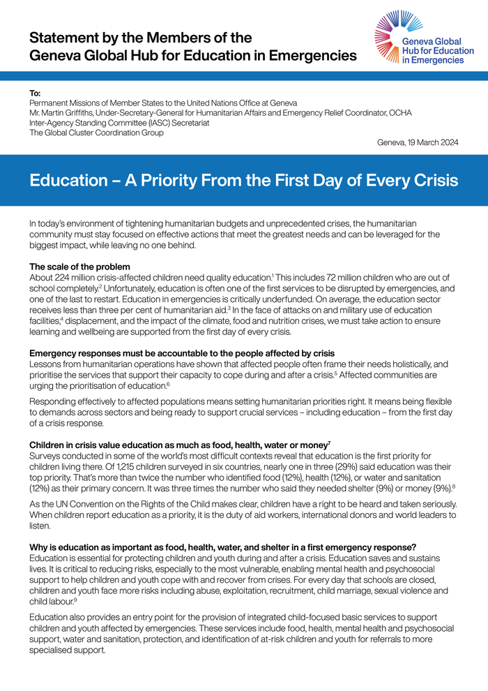 అత్యవసర సమయాల్లో జెనీవా వరల్డ్ ఎడ్యుకేషన్ హబ్ సభ్యుల ప్రకటన – ప్రపంచం